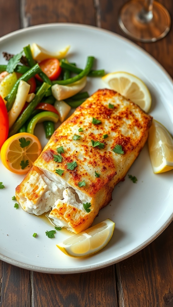 Crispy air fryer baked cod fillet garnished with parsley and lemon, served with vegetables.